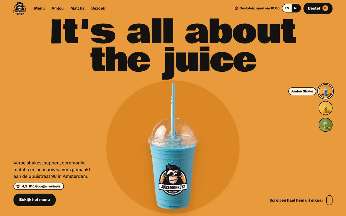 De website van Juice Monkeyz, ontworpen en gebouwd door Web4Work